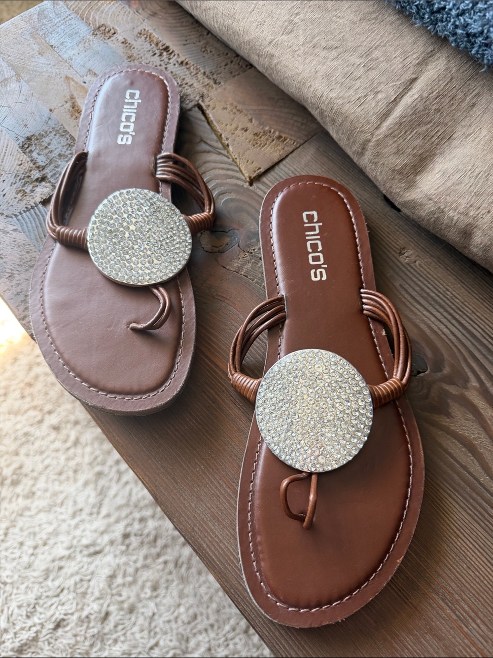 Chico's Brown Toe-Loop Sandals with Sparkling Medallion